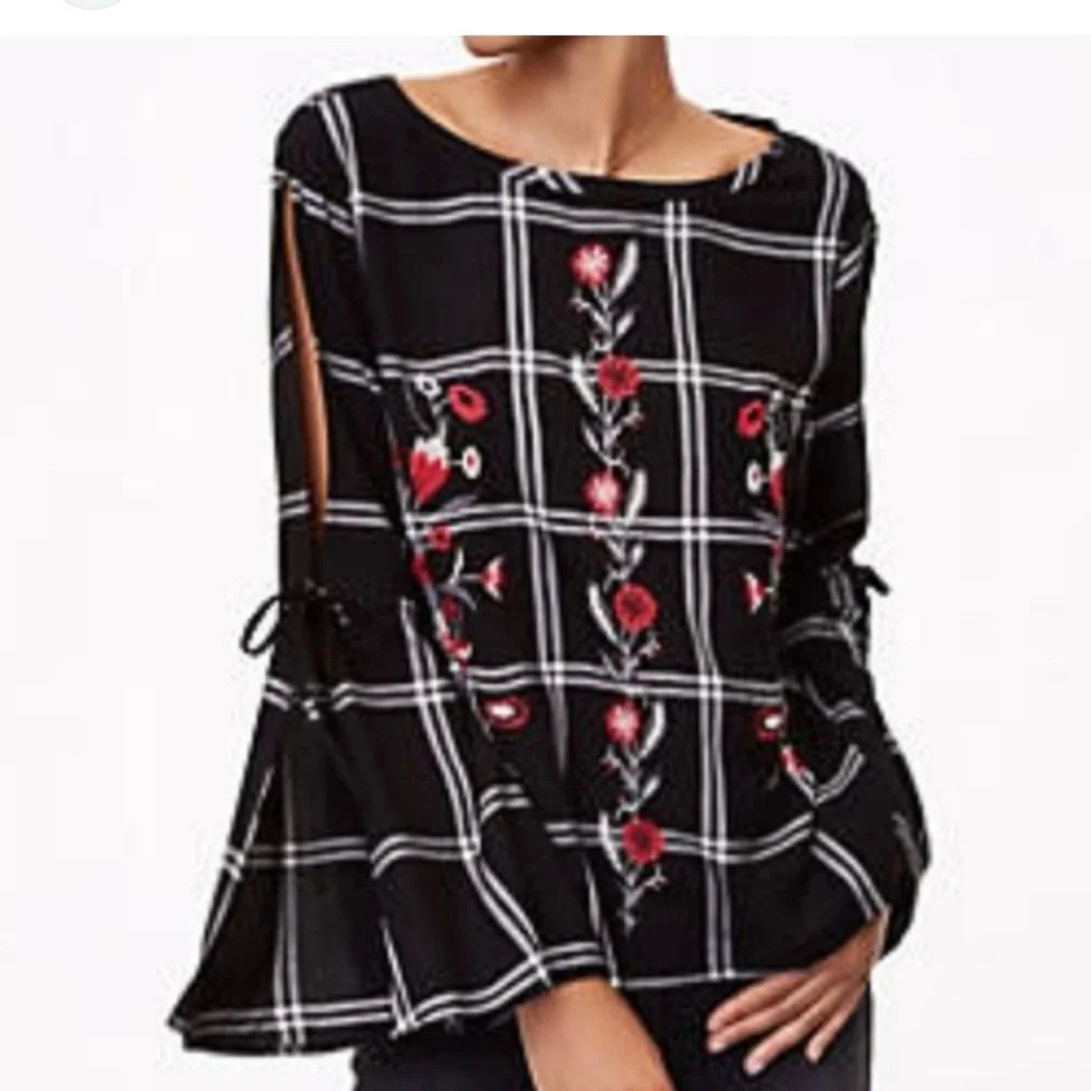 Loft Black Plaid Embroidered Flowers Open Bell Sleeve Top XS